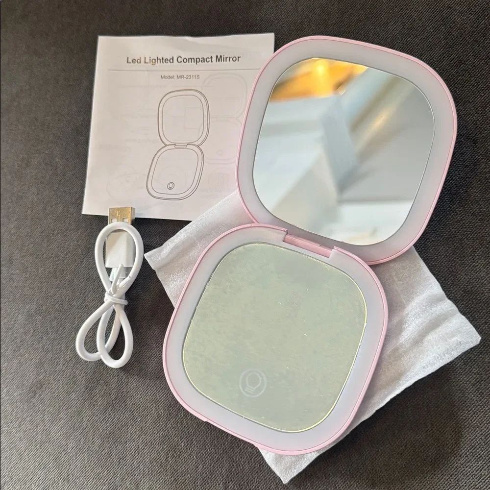 Compact Pink Portable Lighted LED Makeup Mirror 1X/10X Magnification NEW